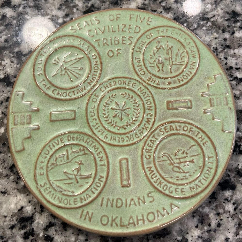 Frankoma Pottery Trivet Seals of Five Civilized Tribes Indians Oklahoma Green